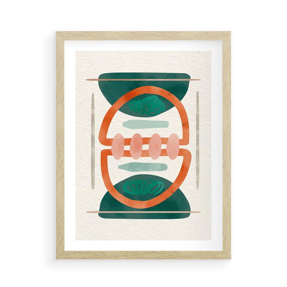 Plakat w ramie 50x70 - Oryginalny obraz abstrakcyjny w nowoczesnym stylu. Geometryczne akwarelowe kształty w intensywnych odcieniach zieleni i pomarańczu. Doskonała dekoracja dla miłośników sztuki. - abstrakcyjny obraz, sztuka nowoczesna - rama drewno