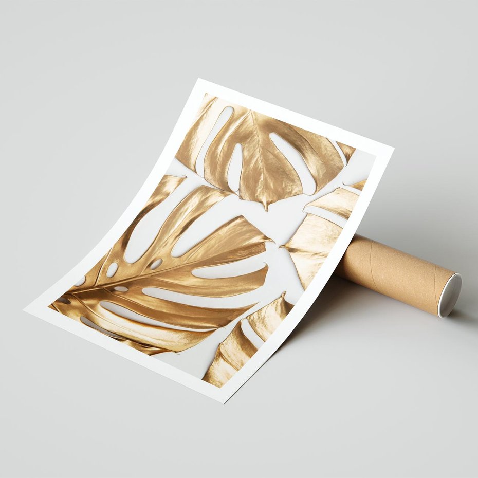 Plakat bez ramy 21x30 - Złote Akcenty w Fotografii - złotel liście monstery, na białym tle