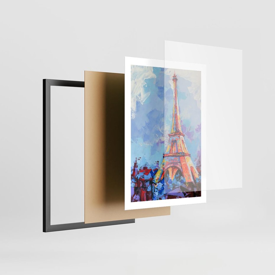 Plakat w ramie 50x70 - Paryska Wieża - olejny abstrakcyjny obraz, wieża eiffla - rama czarna