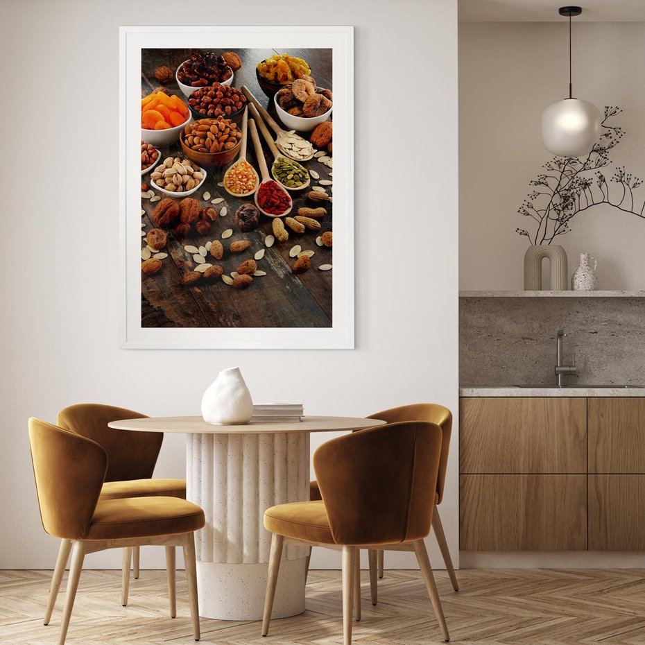 Plakat w ramie 40x50 - Szlachetne smaki kuchni - nasiona, bakalie - rama biała