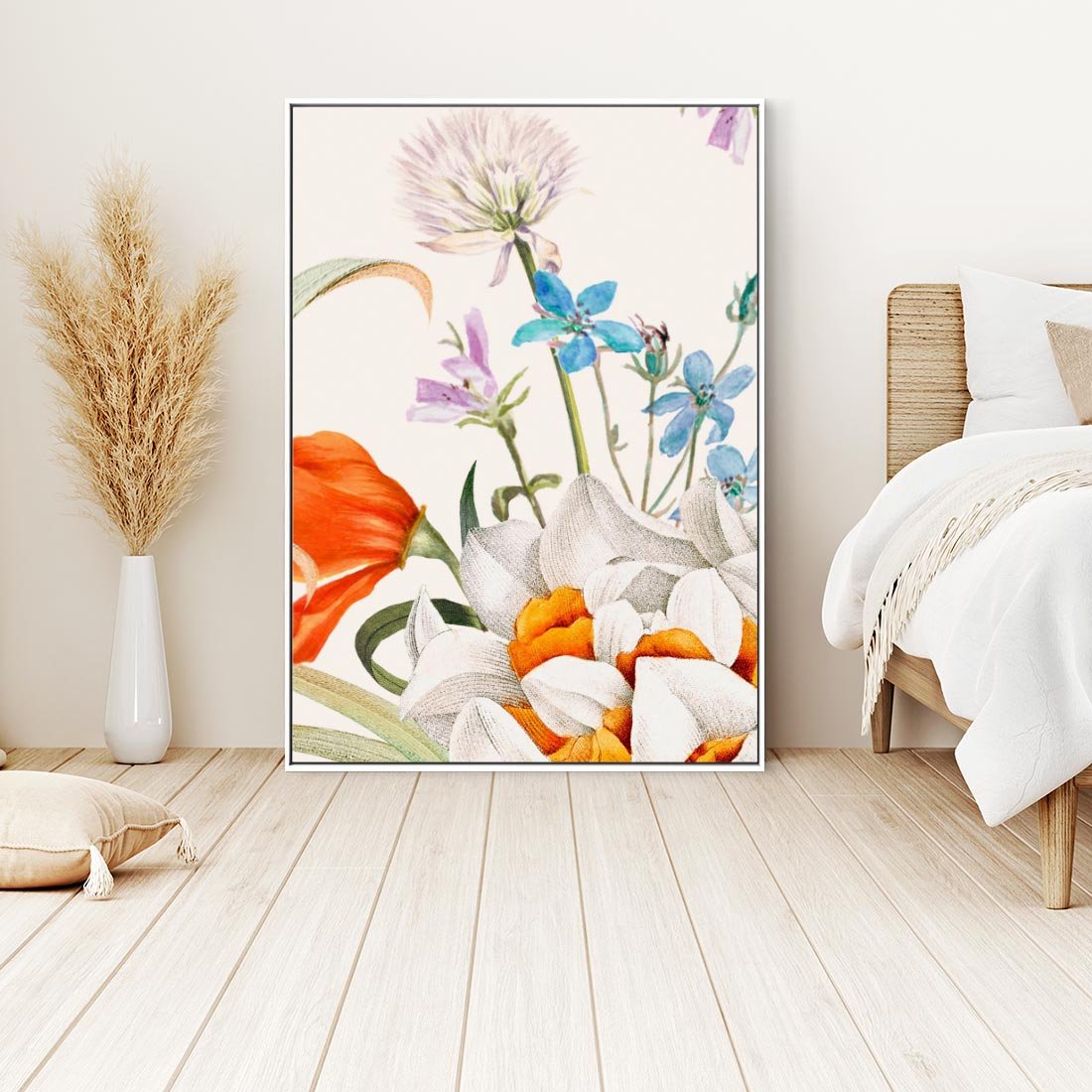 Obraz w ramie 80x120 - Polne Kwiaty - polne kwiaty, na białym tle - rama biała