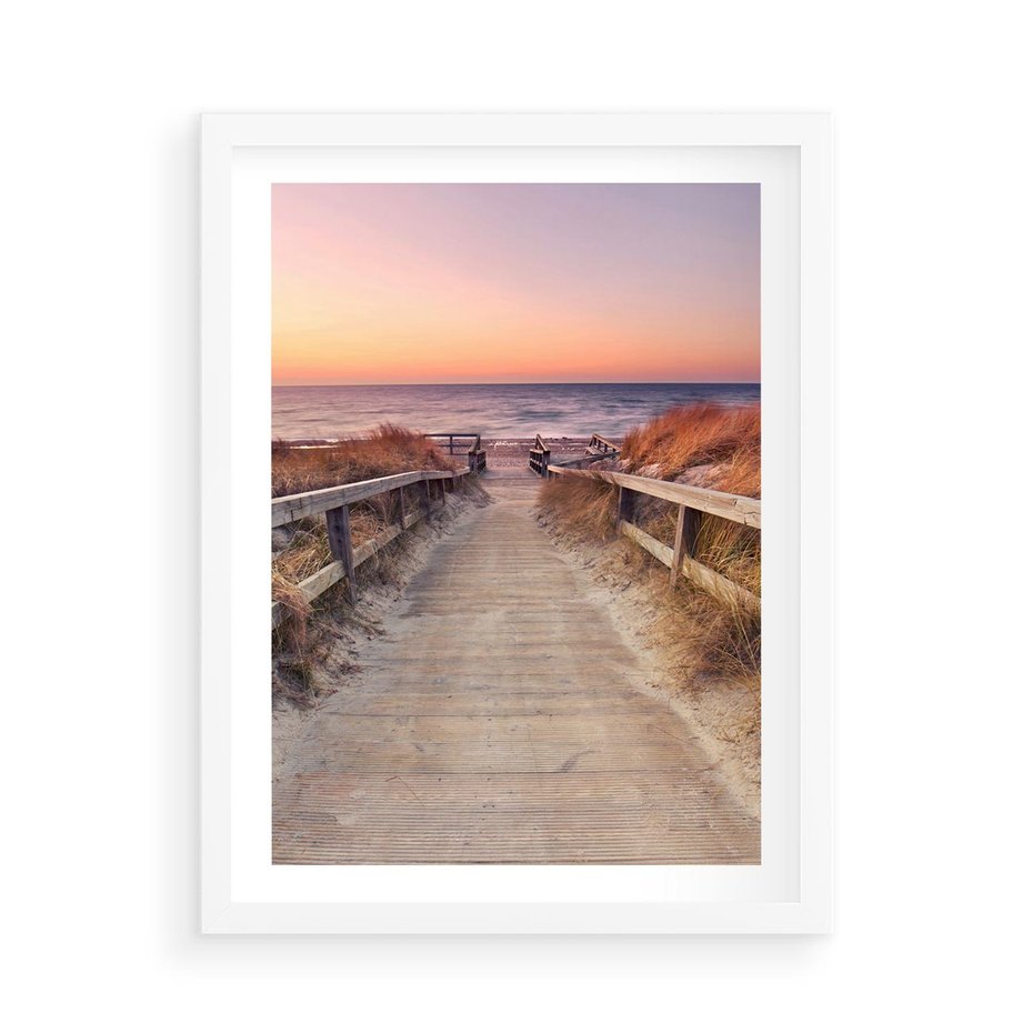 Plakat w ramie 50x70 - Spacer Wśród Przyboju - dróżka, morze - rama biała