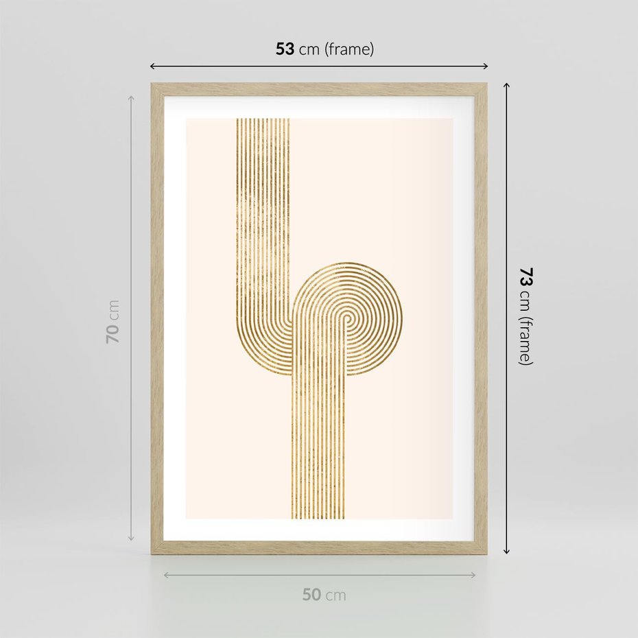 Plakat w ramie 50x70 - Podróżne Kształty - geometryczne linie w złotym kolorze, minimalizm - rama drewno