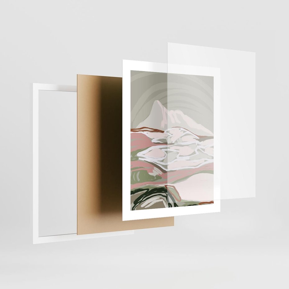 Plakat w ramie 40x50 - Szarawe Wzgórza - pastelowy krajobraz, nowoczesny plakat - rama biała
