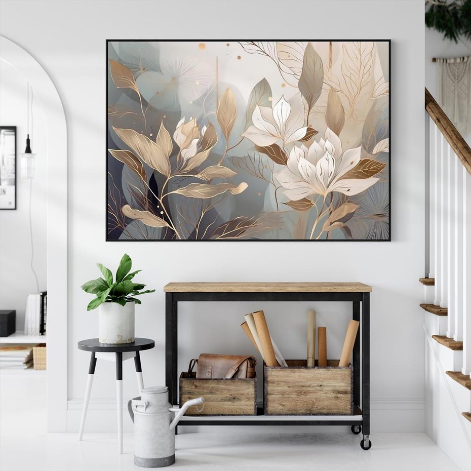 Obraz w ramie 70x50 - Ekspresjonistyczny deszcz uczuć - grafika, złote kwiaty - rama czarna