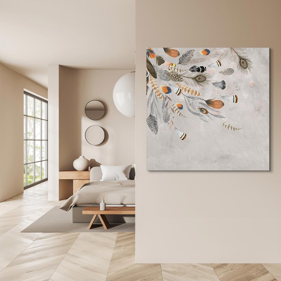 Obraz na płótnie 70x70 - Sploty losu na płótnie - kompozycja boho piór, indiańskie pióra