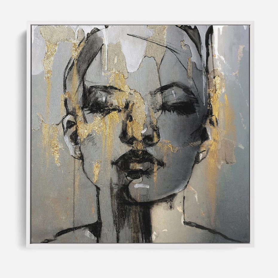 Obraz w ramie 80x80 - Kobieta - Abstrakcyjne Malowidło - złote, usta abstrakcja - rama biała