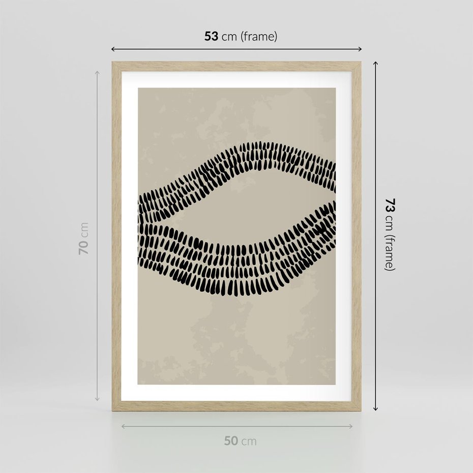 Plakat w ramie 50x70 - Kontury Ewolucji Materii - boho plakat, czarne kropki kreski - rama drewno
