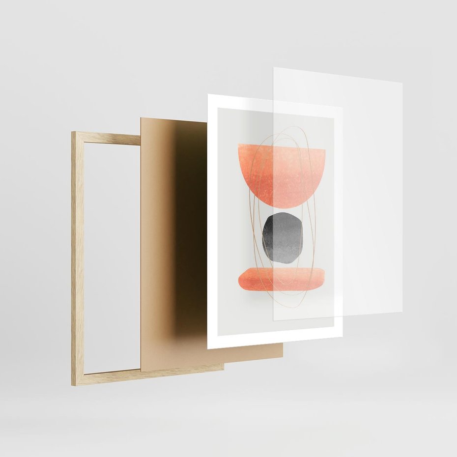 Plakat w ramie 50x70 - Abstrakcyjne Plamy z Złotymi Liniami - abstrakcja, boho plamy - rama drewno