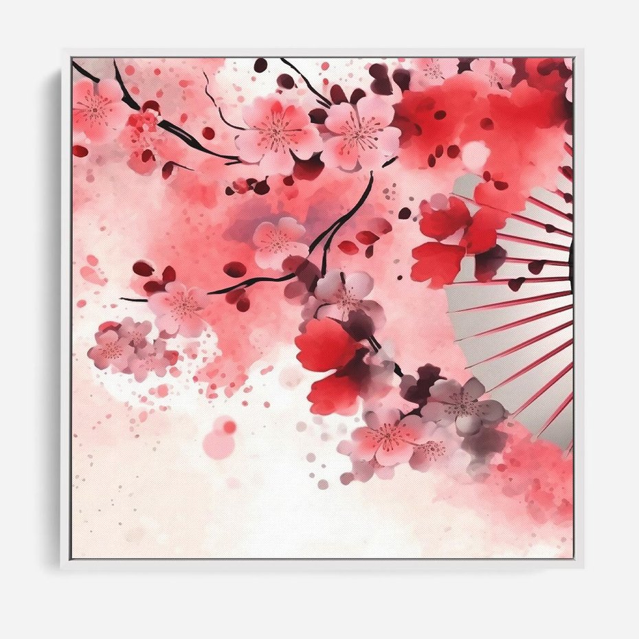 Obraz w ramie 80x80 - Szept Kwitnącej Wiśni - japoński parasol, liście - rama biała