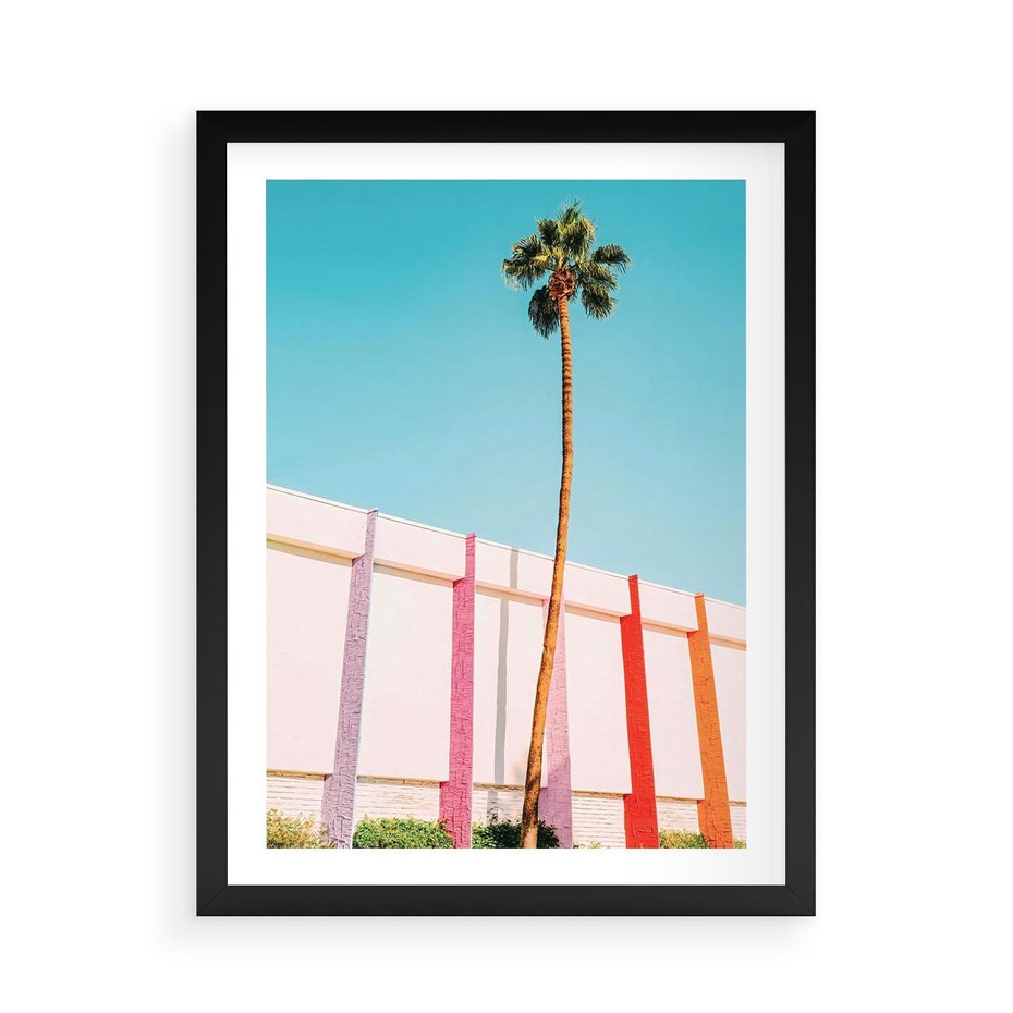 Plakat w ramie 50x70 - Tropikalny Kontrast - palma na tle błękitnego nieba, kolorowy mur - rama czarna