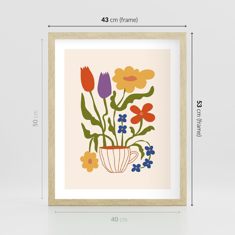 Plakat w ramie 40x50 - Kolorowe Granice - kwiaty w filizance, abstrakcja - rama drewno