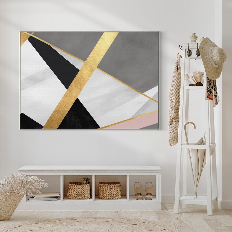 Obraz w ramie 120x80 - Pudrowe Abstrakcyjne Lustra - złote abstrakcyjne linie, szarość - rama biała