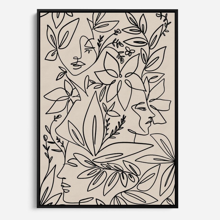Obraz w ramie 70x100 - Kobiecy Portret Duszy - beżowe tło, czarny szkic nowoczesnych kwiatów - rama czarna