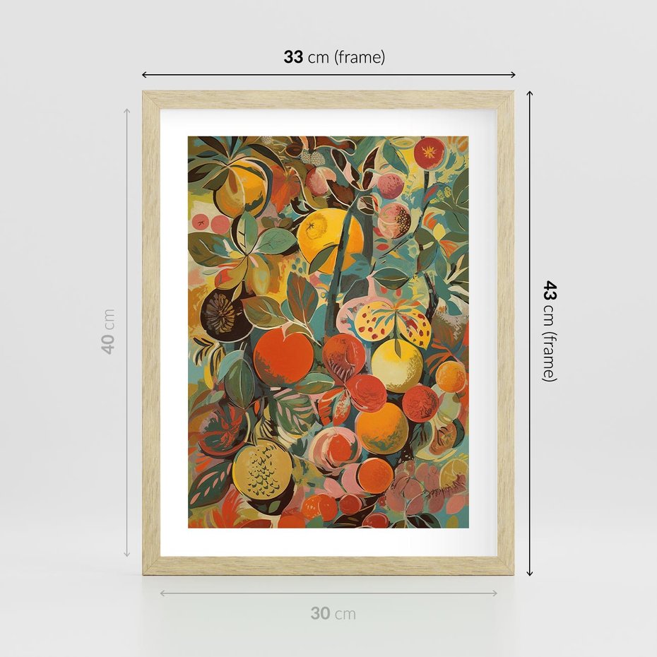 Plakat w ramie 30x40 - Księga Surrealnych Wyobrażeń - abstrakcyjny obraz owoców, jak picasso - rama drewno