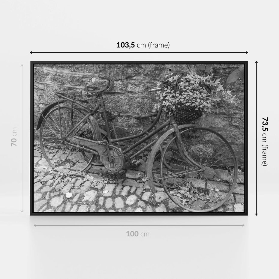 Obraz w ramie 100x70 - Zapomniany Urok - czarno biała fotografia, stary rower oparty o mur - rama czarna