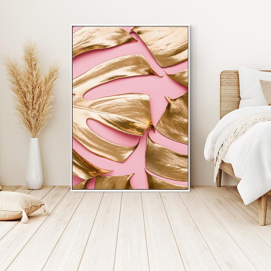 Obraz w ramie 80x120 - Przyjemność w Naturze - złote, liście - rama biała