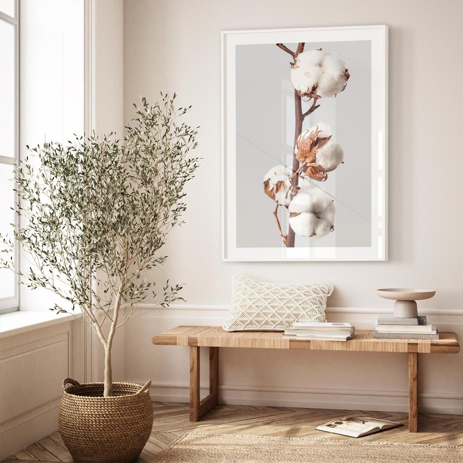 Plakat bez ramy 30x40 - Spokojna Gałązka Bawełny - gałązka bawełny, prosta spokojna fotografia
