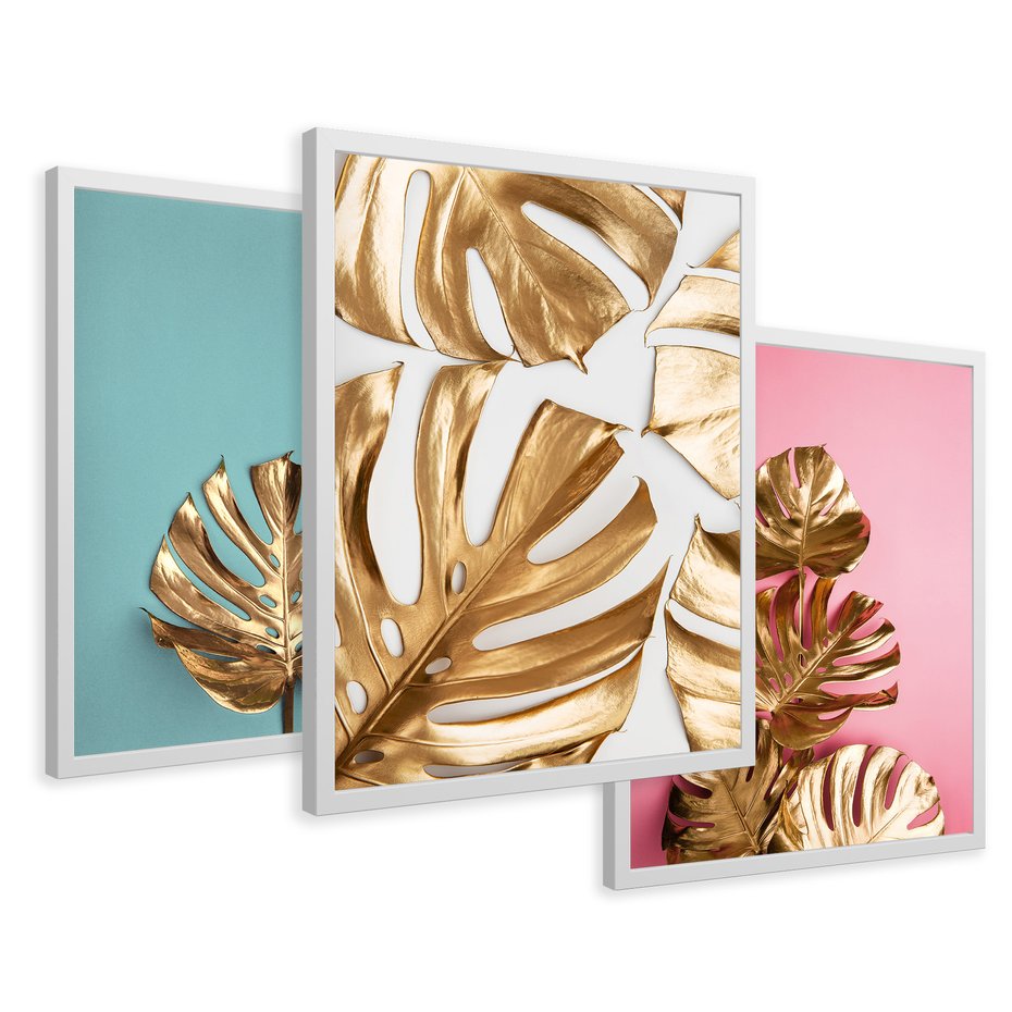 Zestaw obrazy w ramie 50x70 galeria - Złota, monstera, pastele - rama biała