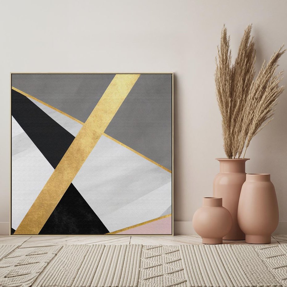 Obraz w ramie 80x80 - Pudrowe Abstrakcyjne Lustra - złote abstrakcyjne linie, szarość - rama drewno