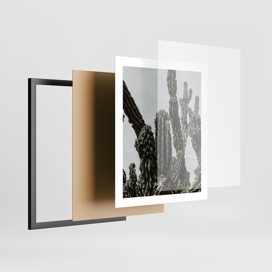 Plakat w ramie 40x50 - Boho oaza wśród kaktusów - kaktusy, pustynia - rama czarna