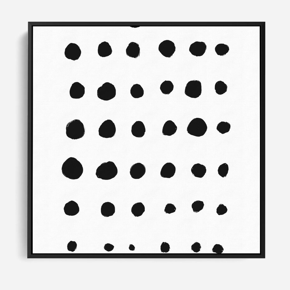 Obraz w ramie 50x50 - Refleksje Światła - minimalistyczna kompozycja, czarne kropkina białym tle - rama czarna