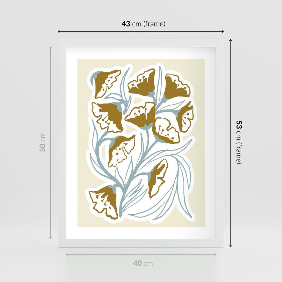 Plakat w ramie 40x50 - Wibracje Widzenia - abstrakcyjne beżowe kwiaty, elegancka kompozycja - rama biała