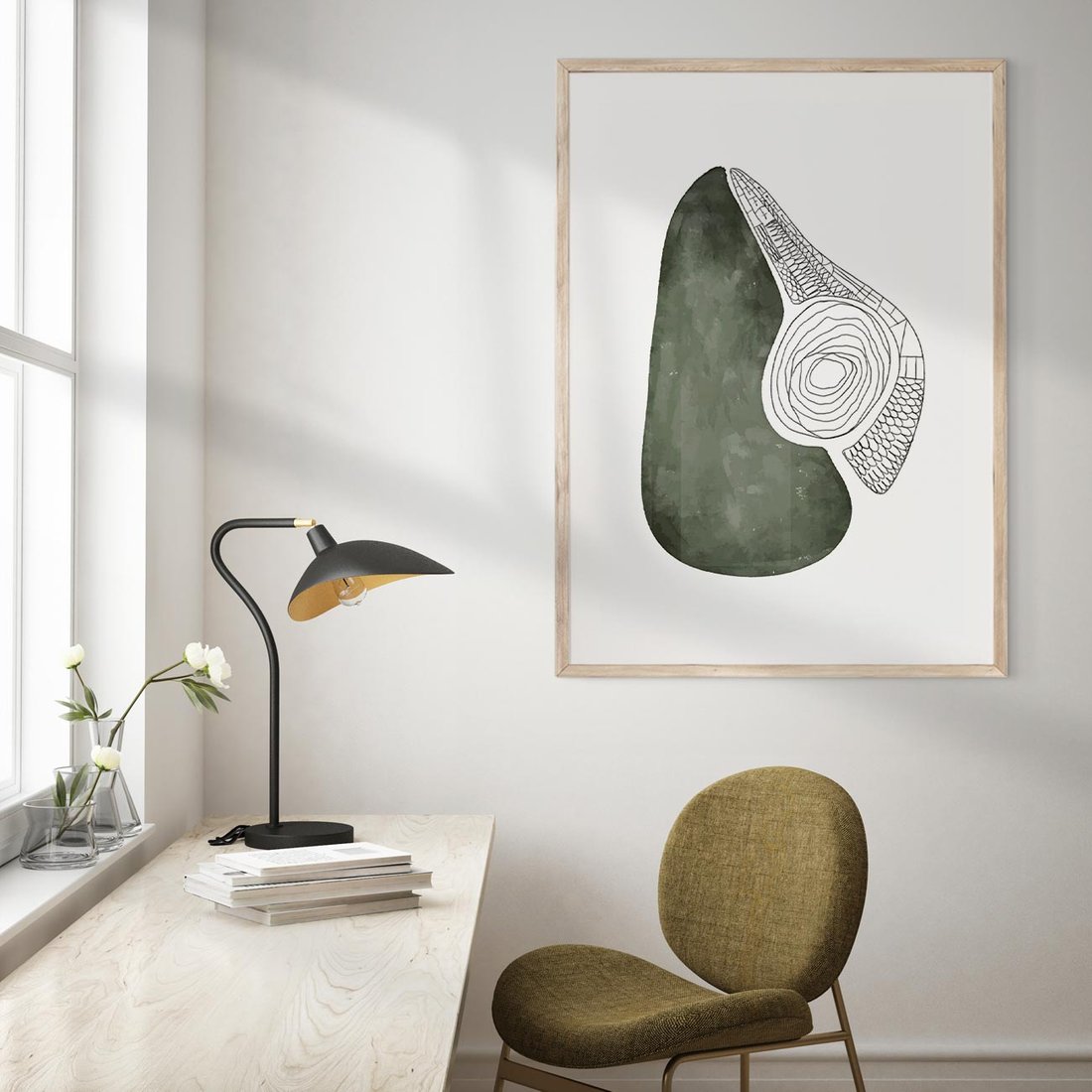 Plakat w ramie 50x70 - Owocowe Boho Inspiracje - minimalistyczny plakat, gruszka - rama drewno