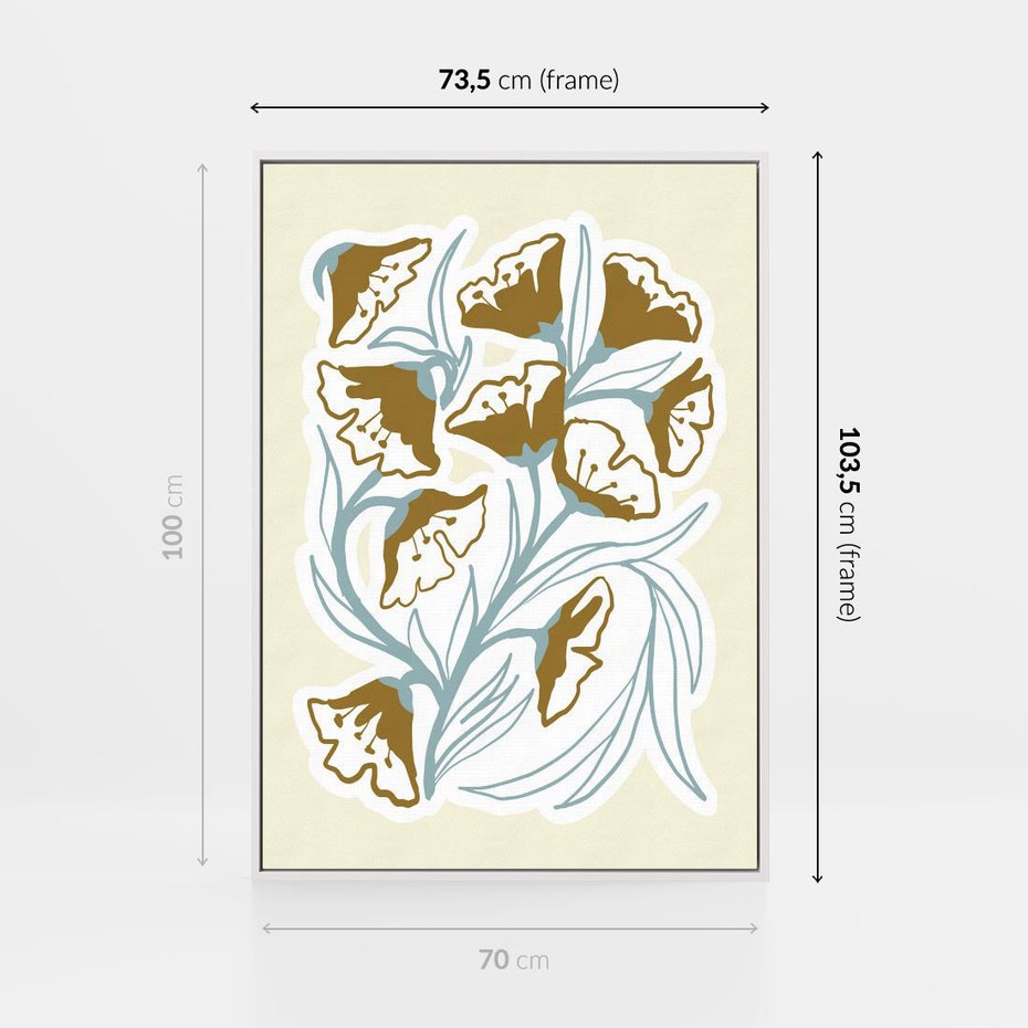 Obraz w ramie 70x100 - Wibracje Widzenia - abstrakcyjne beżowe kwiaty, elegancka kompozycja - rama biała