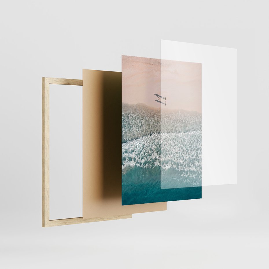 Zestaw obrazy w ramie 50x70 galeria - Plaża, morze, fale, boho - rama drewno