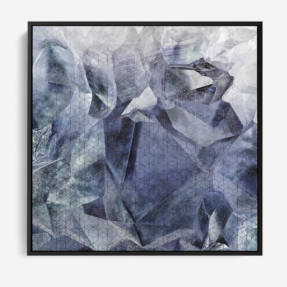 Obraz w ramie 50x50 - Melodia mgieł i marzeń - abstrakcja w kolorze granatu, przypominająca górę lodową - rama czarna