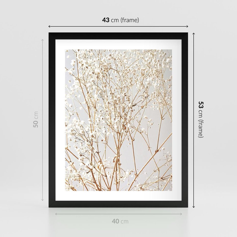 Plakat w ramie 40x50 - Minimalistyczna Delikatność - białe kwiaty, gipsówka - rama czarna
