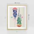 Plakat w ramie 40x50 - Morskie Pulsacje - nowoczesny optymistyczny plakat, kolorowe meduzy - rama drewno