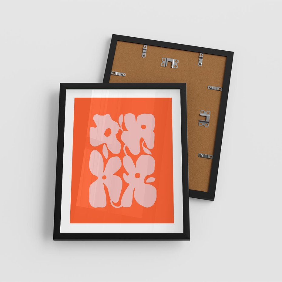Plakat w ramie 40x50 - Taniec Abstrakcji - kwiaty, energetyczne pomarańczowe tłó - rama czarna