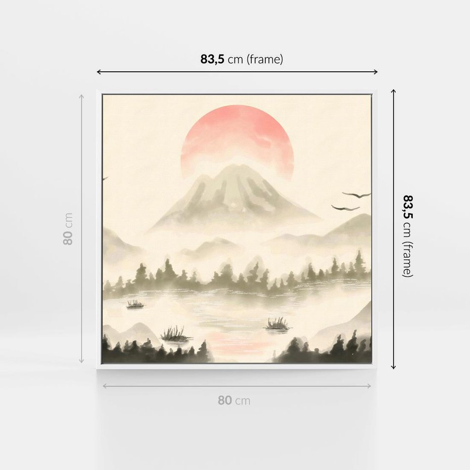 Obraz w ramie 80x80 - Przyroda Japonii - japońska akwarela, góry - rama biała
