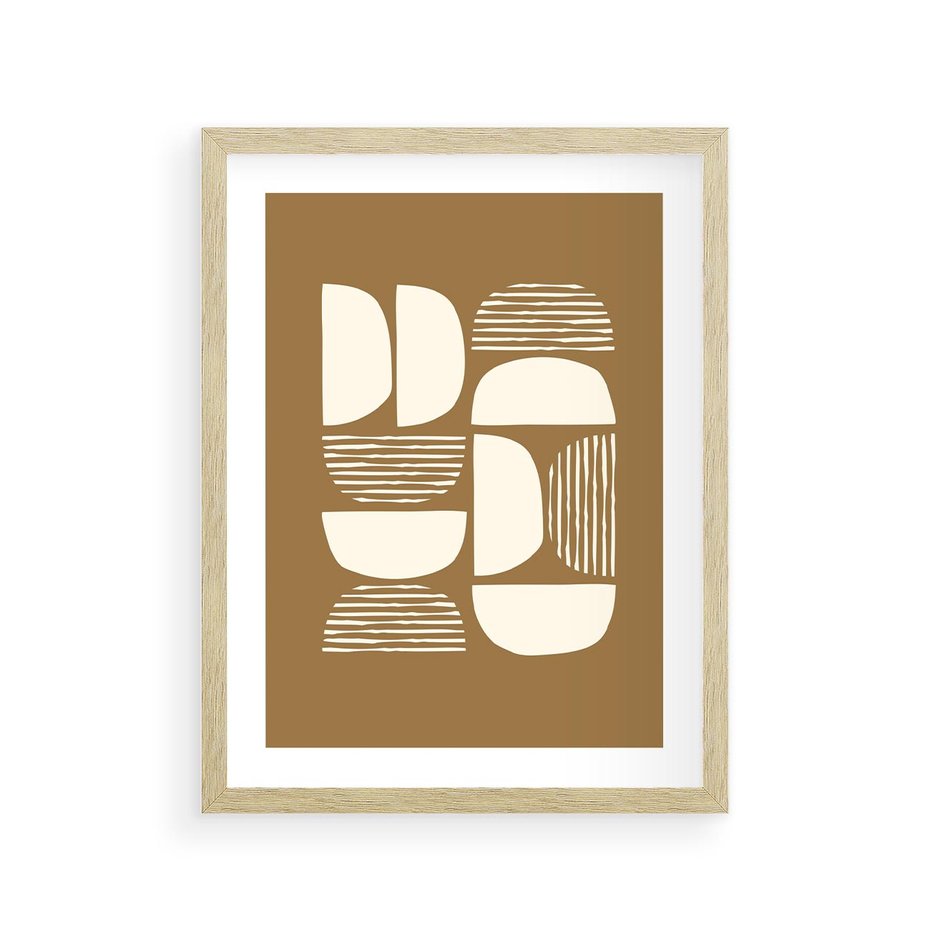 Plakat w ramie 30x40 - Wewnętrzne Spektrum - geometryczne boho kształty na brązowym, karmelowym tle - rama drewno
