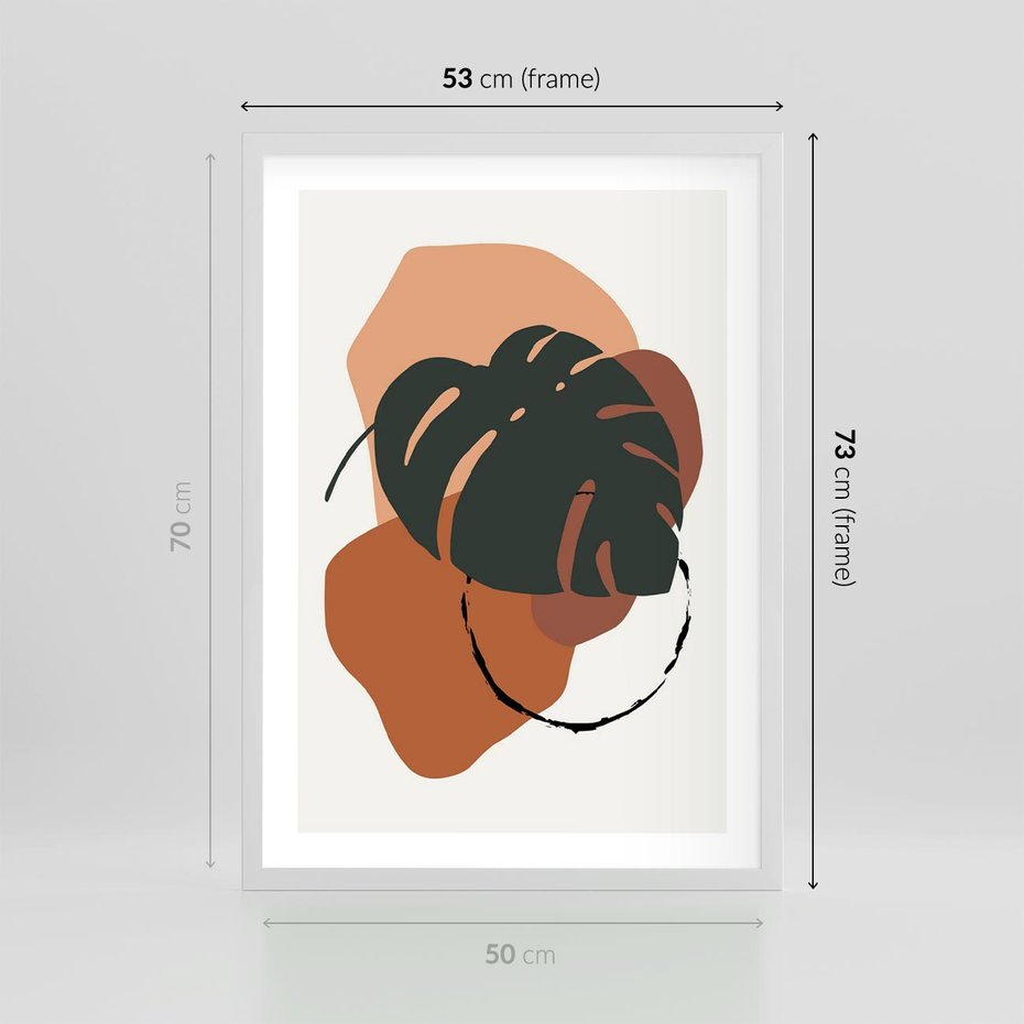 Plakat w ramie 50x70 - Brązowa Ekspresja - liść monstery, boho obraz - rama biała