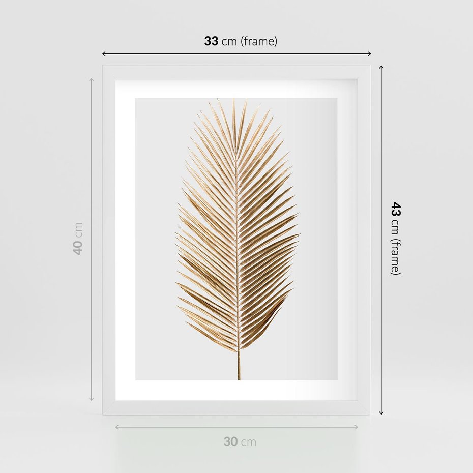 Plakat w ramie 30x40 - Złoty blask palmowego liścia - złota, palma - rama biała