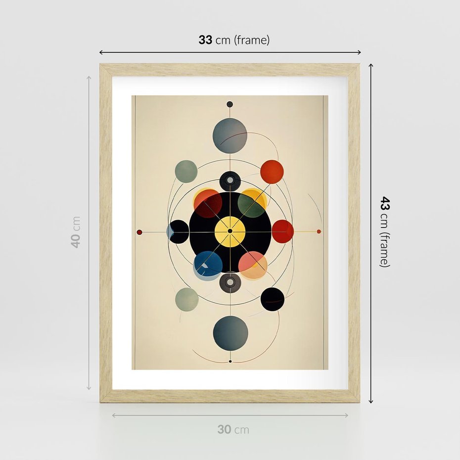 Plakat w ramie 30x40 - Bezgraniczny Taniec Światła - abstrakcyjna geometryczna kompozycja, koła linie - rama drewno