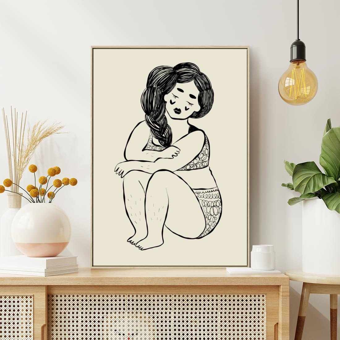 Obraz w ramie 80x120 - Migotliwe Refleksje - nowoczesny minimalistyczny rysunek, dziewczyna w bieliźnie - rama drewno