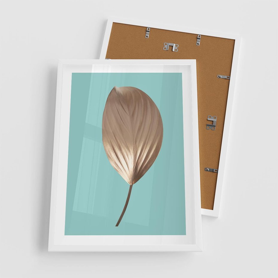 Plakat w ramie 50x70 - Delikatna Harmonia - złote, liście - rama biała