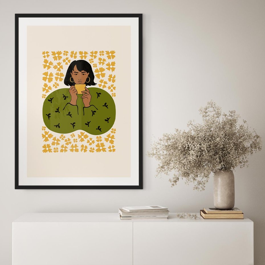 Plakat bez ramy 50x70 - Wewnętrzne Fale - nowoczesny plakat, kobieta otoczona liśćmi