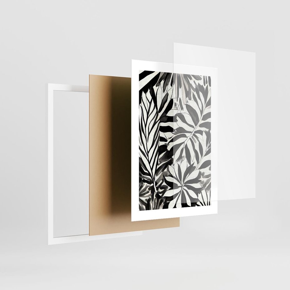 Plakat w ramie 30x40 - Czarne Liście - akwarelowy obraz, czarno biały - rama biała