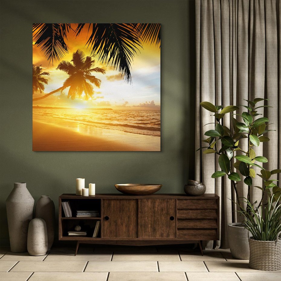 Obraz na płótnie 50x50 - Sielska plaża z palmami i morzem - plaża, morze