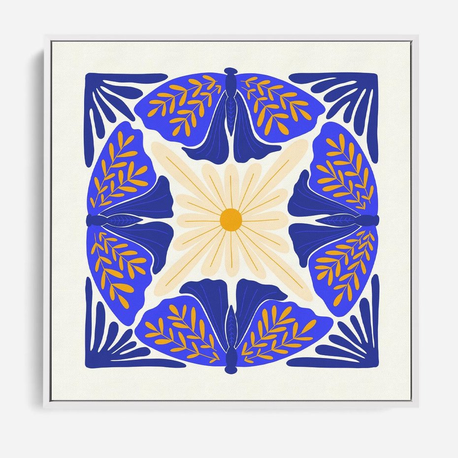 Obraz w ramie 50x50 - Księga Abstrakcji - abstrakcyjna boho kompozycja, granatowe ćmy - rama biała