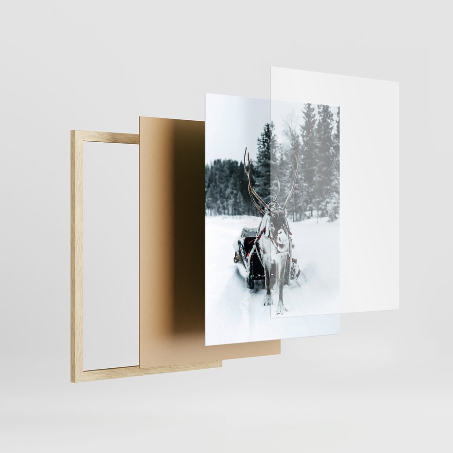 Zestaw obrazy w ramie 30x40 galeria - Zima, las, renifer, krajobraz - rama drewno
