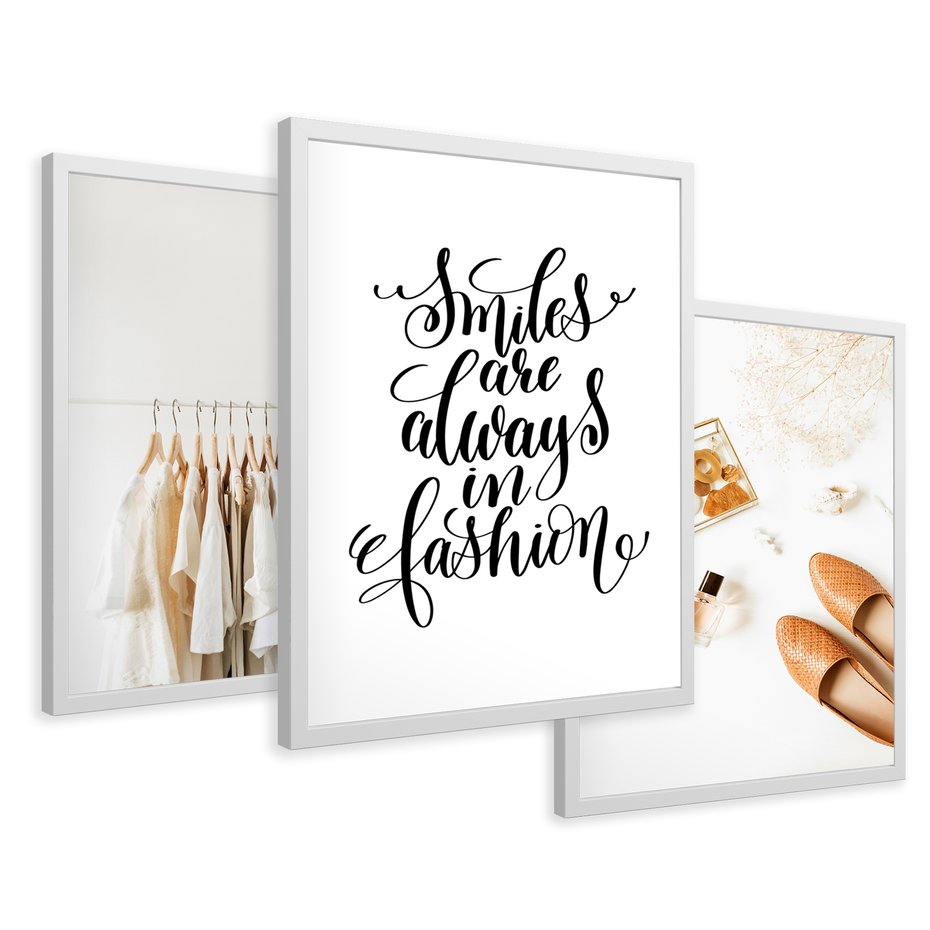 Zestaw obrazy w ramie 50x70 galeria - Moda, fashion, uśmiech, napis - rama biała