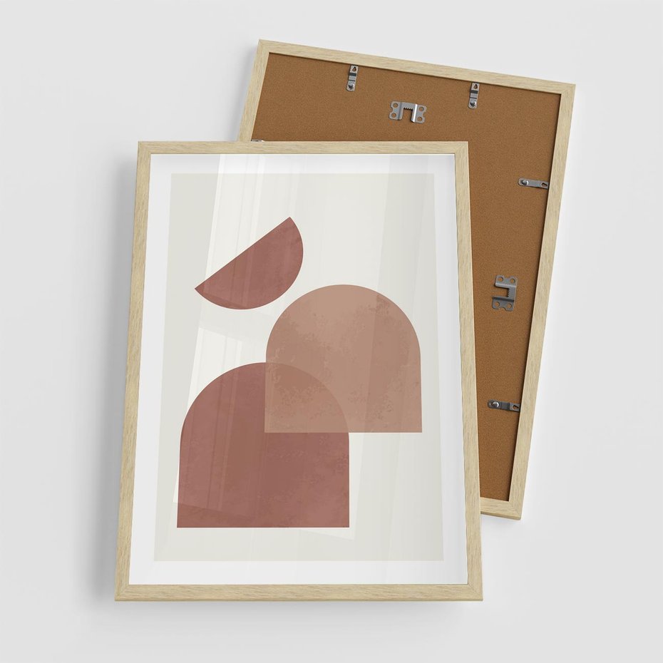 Plakat w ramie 50x70 - Harmonijne Widoki - abstrakcyjne geometryczne kształty, odcienie brązu i beżu - rama drewno