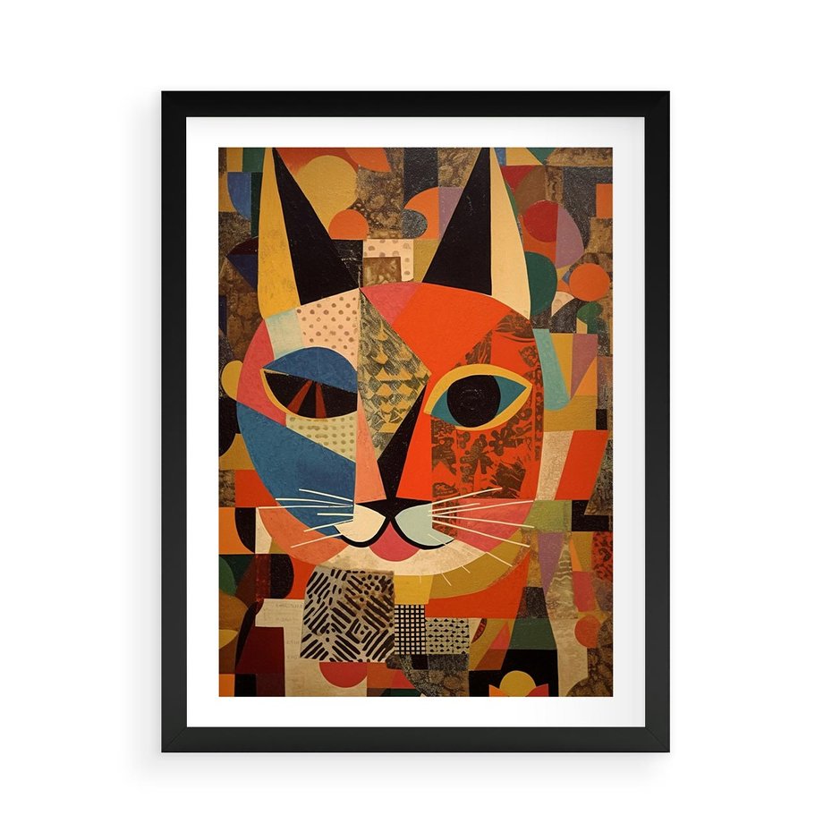 Plakat w ramie 50x70 - Impresje Nieznanych Odniesień - abstrakcyjny obraz olejny, kot - rama czarna