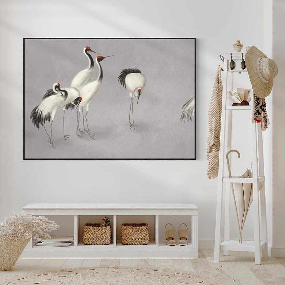 Obraz w ramie 100x70 - Spojrzenie wstecz w pędzlu - szkic rysunek, japońskie żurawie - rama czarna